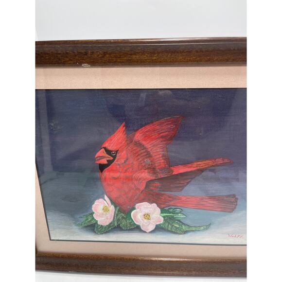 Folk Art Cardinal by WulFF Orignal Art Wildlife Bird Professional Framed - Picture 2 of 8